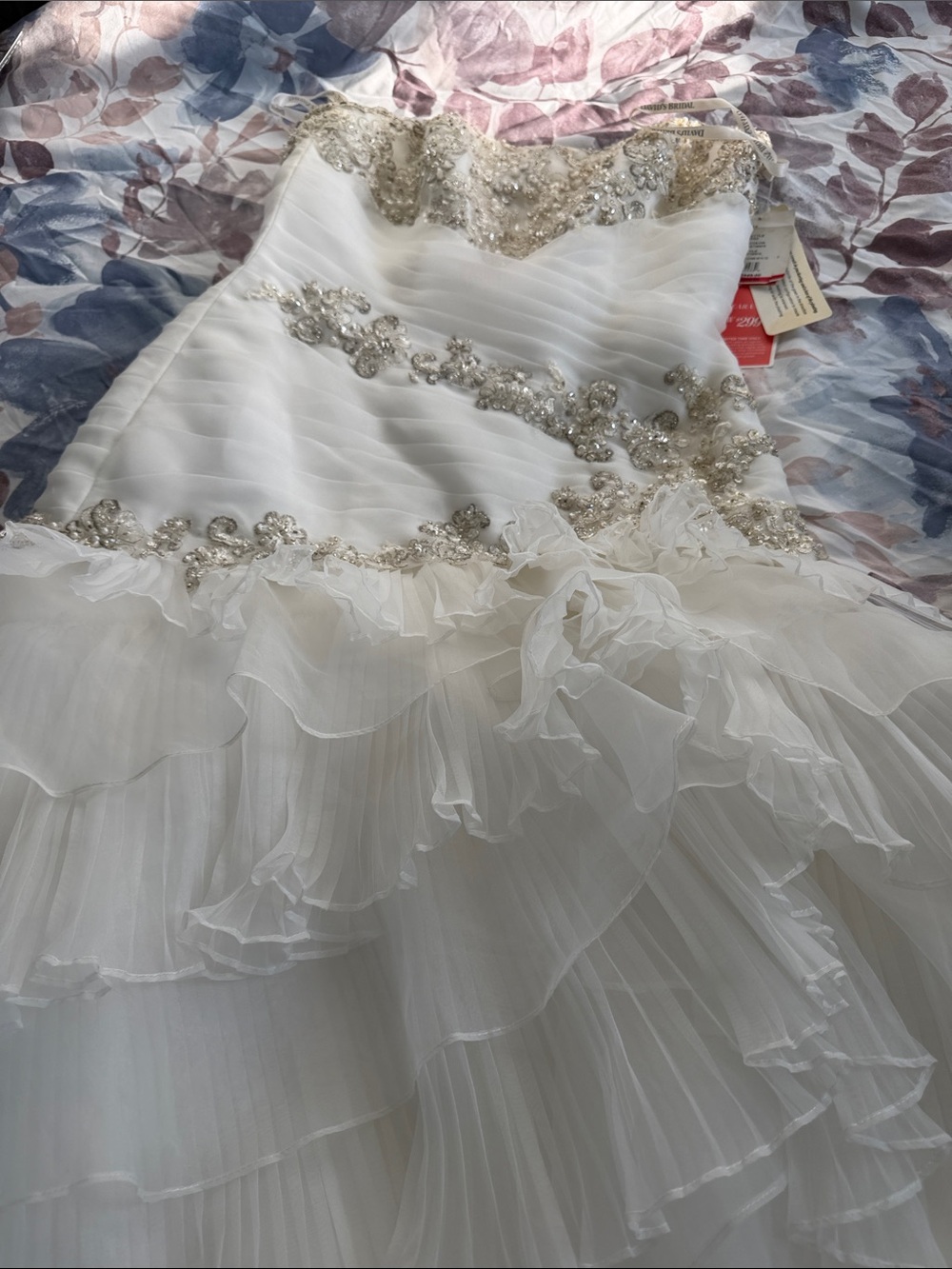 David's Bridal White Wedding Dress with Gold Beaded Accents
